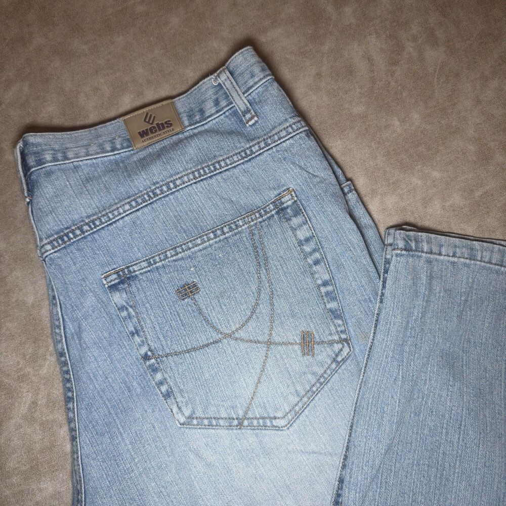 WEB’S Men’s Denim Blue Jean Washed Size 42x34 Distressed Embellished Pockets